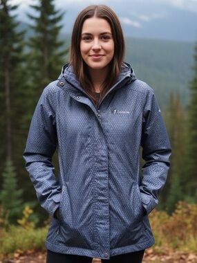 Columbia XS fall spring coat blue all over pattern durable breathable utility